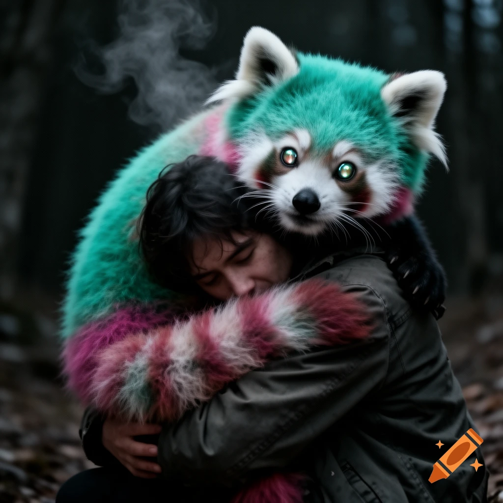 A person with closed eyes is embraced by a fluffy, brightly colored red panda with glowing eyes in a dark forest setting.