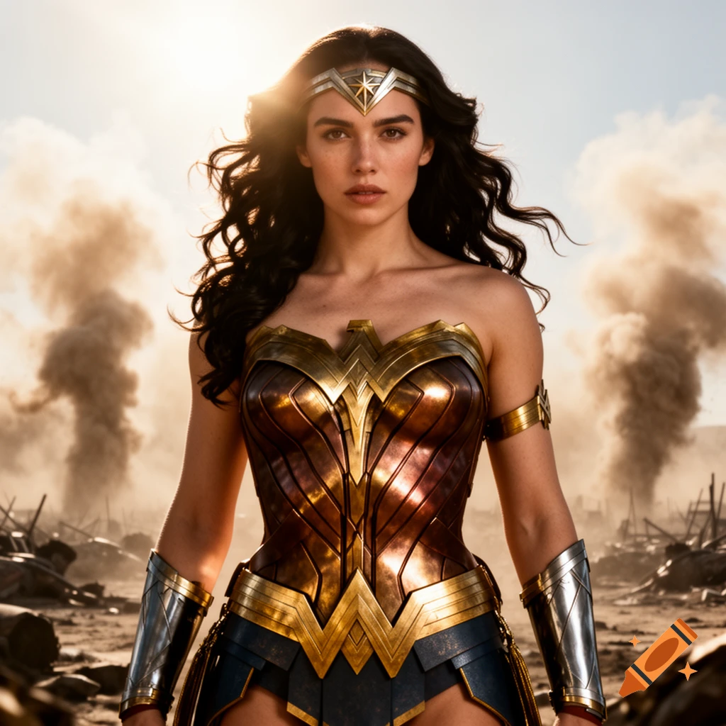 Photorealistic Wonder Woman in gold armor and tiara, standing in a smoky, desolate battleground.