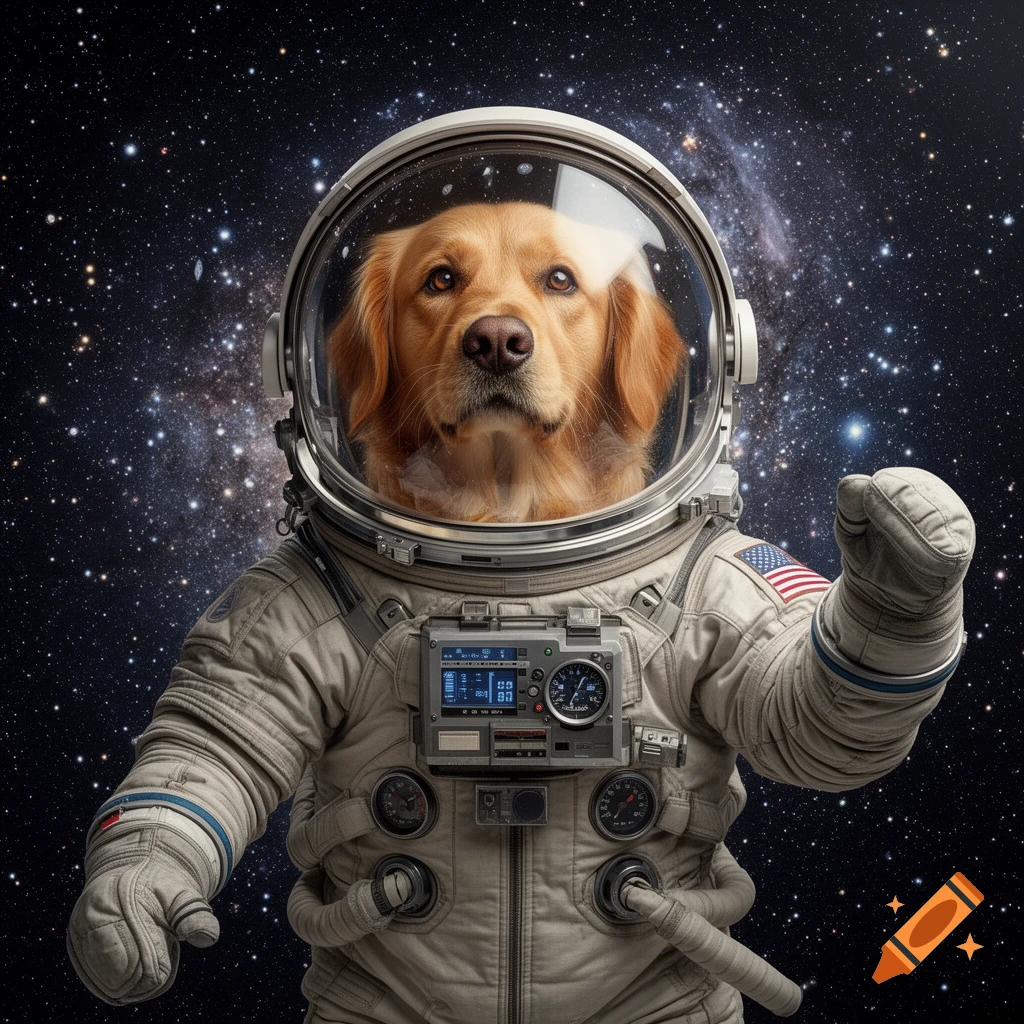 A golden retriever wears a detailed astronaut suit, looking out from the helmet's visor against a backdrop of a starry galaxy.