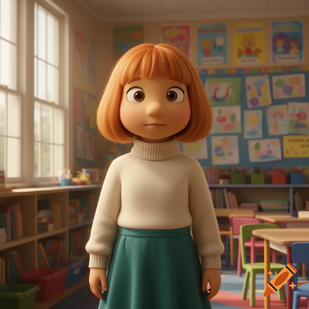 A photorealistic 3D rendering of a cartoon girl with red-brown hair, wearing a white turtleneck and green skirt, standing in a brightly lit classroom.