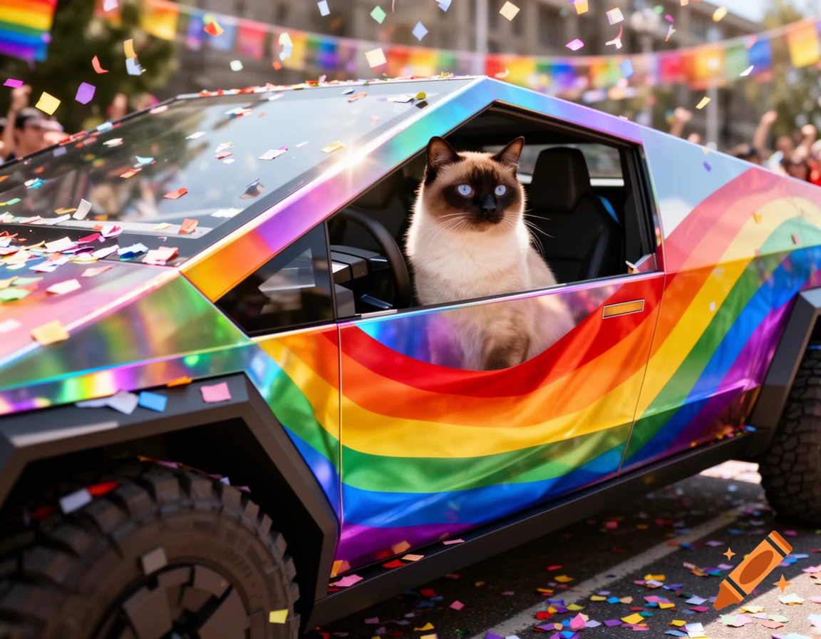 A Siamese cat with blue eyes sits in a rainbow-colored Tesla Cybertruck, surrounded by falling confetti at a pride parade.