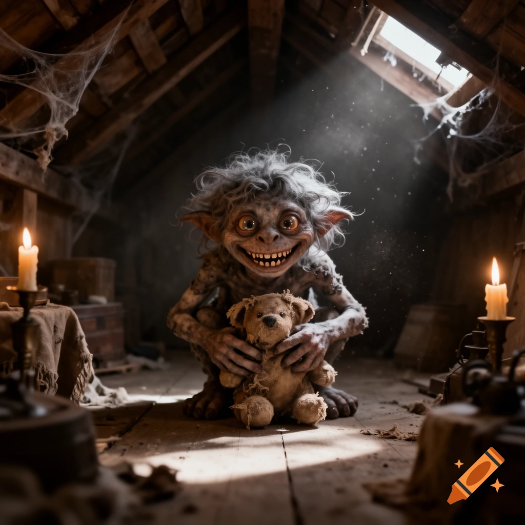 Photorealistic image of a grinning, goblin-like creature with messy hair holding a tattered teddy bear in a dusty, candlelit attic.