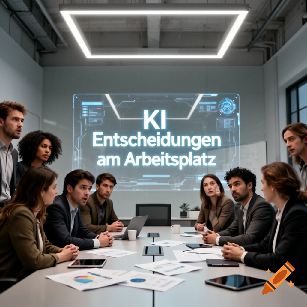 A diverse group of professionals in a modern office meeting room, looking at a projected screen displaying 'KI Entscheidungen am Arbeitsplatz'.