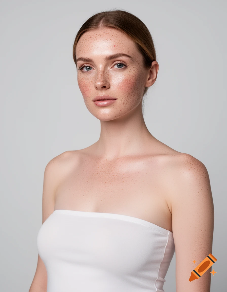 A photorealistic portrait of a woman with freckles, wearing a white strapless top, looking directly at the viewer.