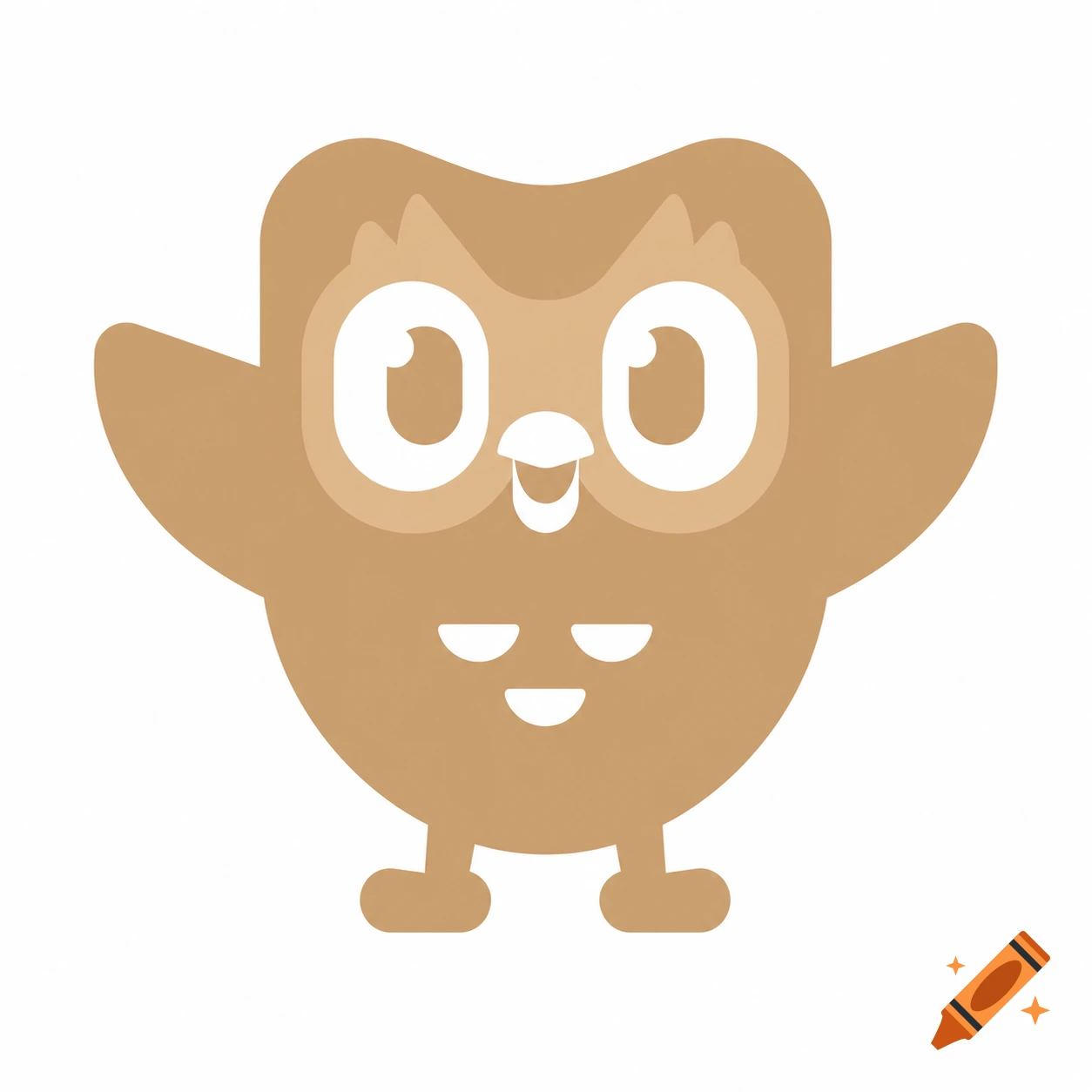 A cheerful, light brown, cartoon owl with wide white eyes and a small beak, the Duolingo mascot, on a white background.