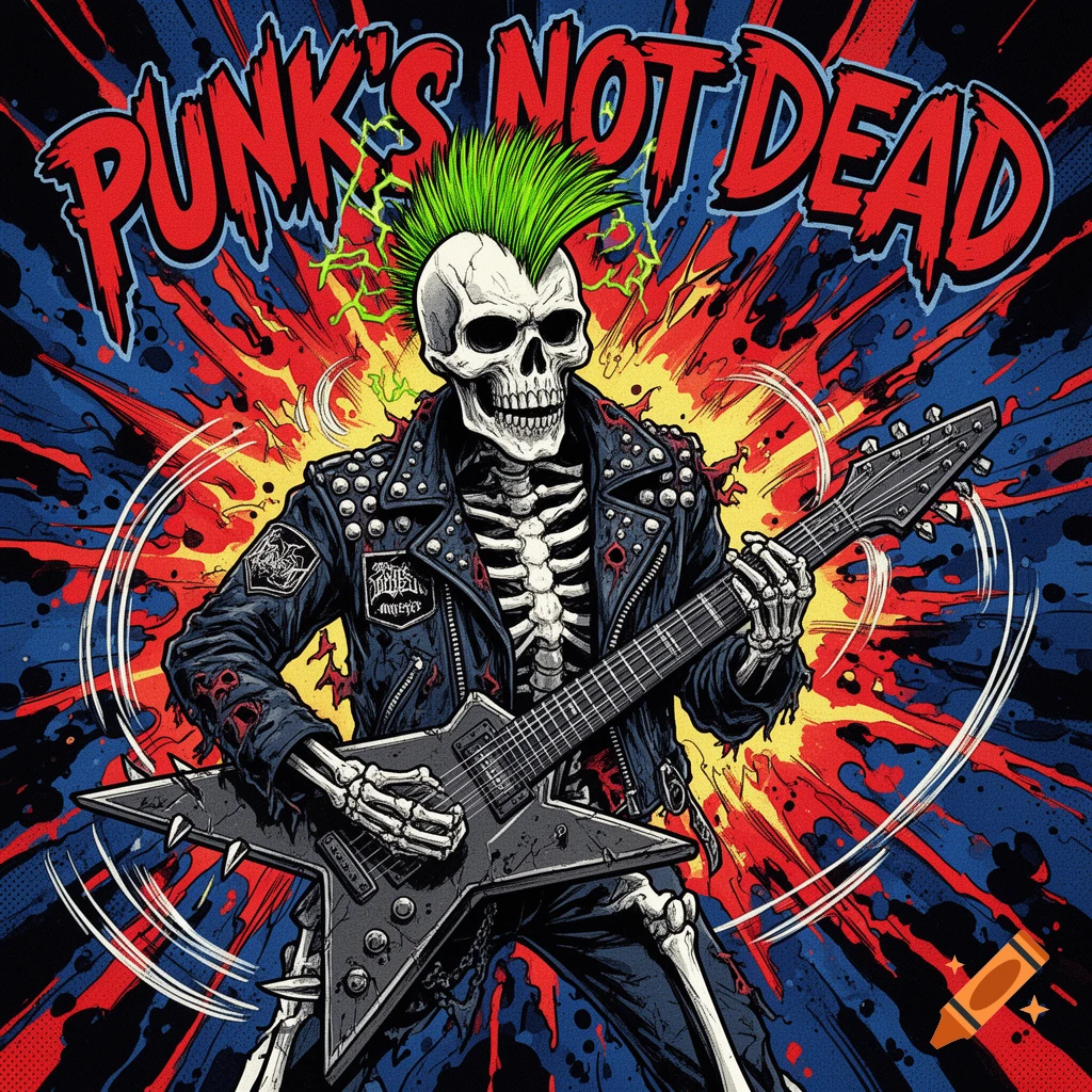 Comic art of a punk rock skeleton with a green mohawk playing an electric guitar, 'PUNK'S NOT DEAD' text above.