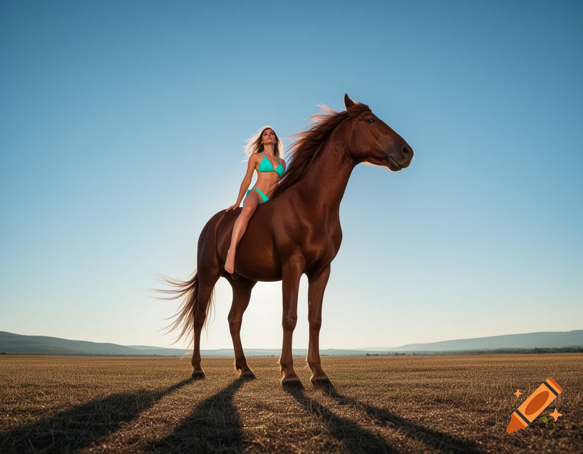 A woman in a teal bikini rides a brown horse in a sunlit field under a clear blue sky.