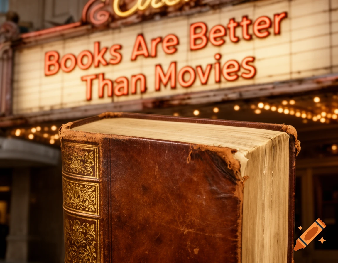 An old leather-bound book in front of a blurred movie theater marquee reading 'Books Are Better Than Movies'.