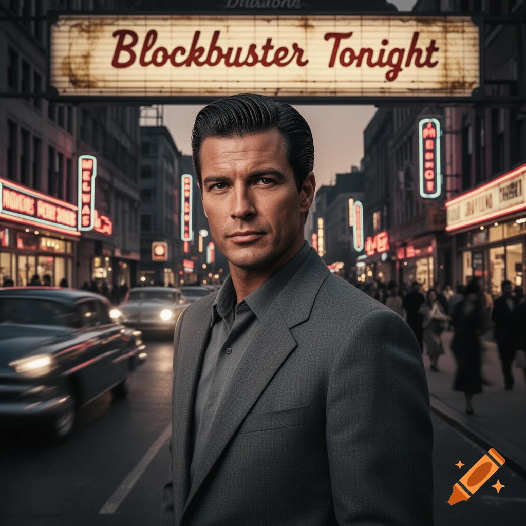 A man in a gray suit stands on a busy, neon-lit city street with vintage cars, in a cinematic, photorealistic style.