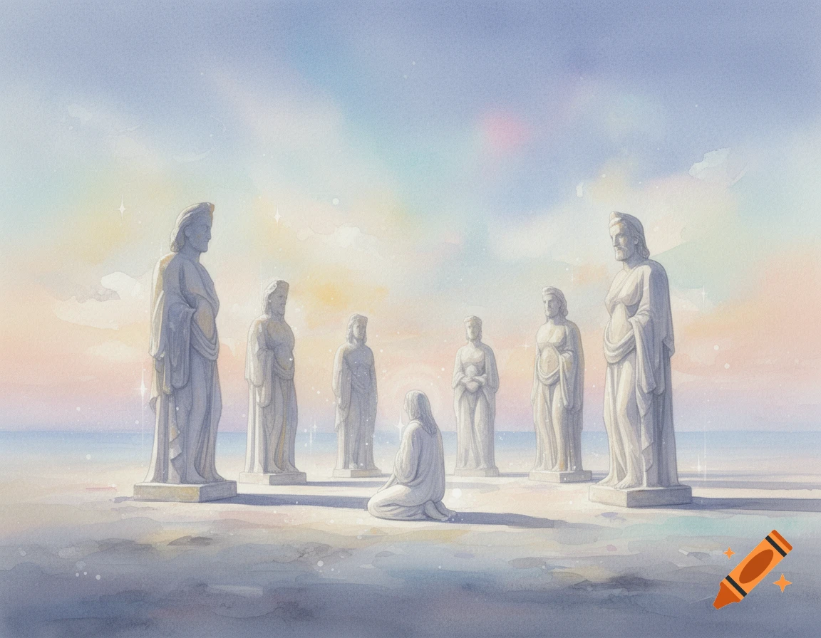 A surreal watercolor painting of six standing, robed statues surrounding a kneeling figure on an ethereal plane under a pastel sky.