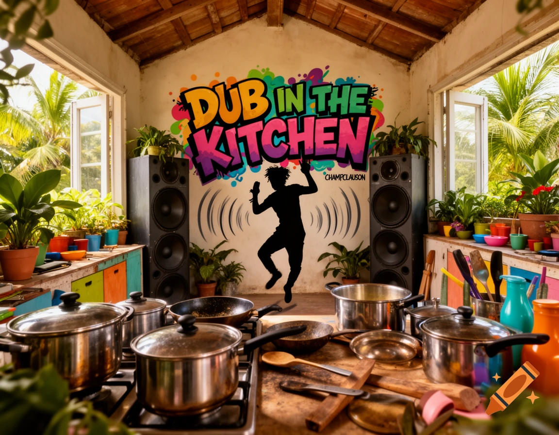 A vibrant kitchen with tropical plants, large speakers, and a silhouette dancing. Graffiti text on the wall reads 'DUB IN THE KITCHEN' and 'CHAMPCLAUSON'.