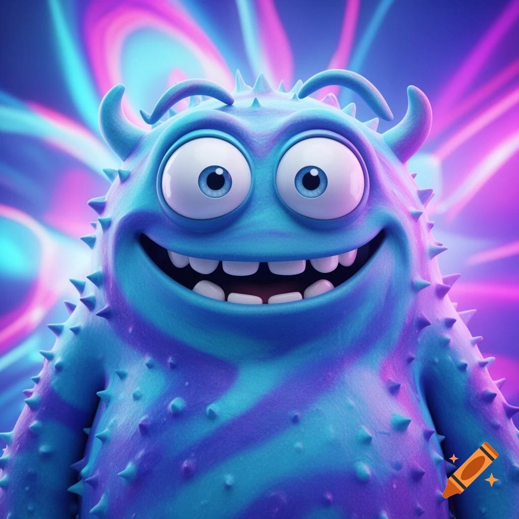 A friendly, goofy blue and purple 3D cartoon monster with wide eyes and a silly smile, set against a bright neon background.