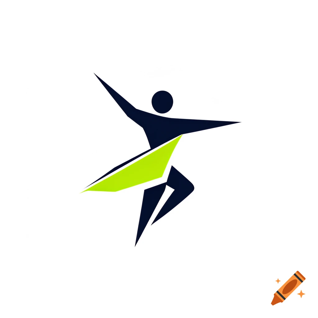Stylized dark blue and lime green logo of a person dancing or in a dynamic pose.