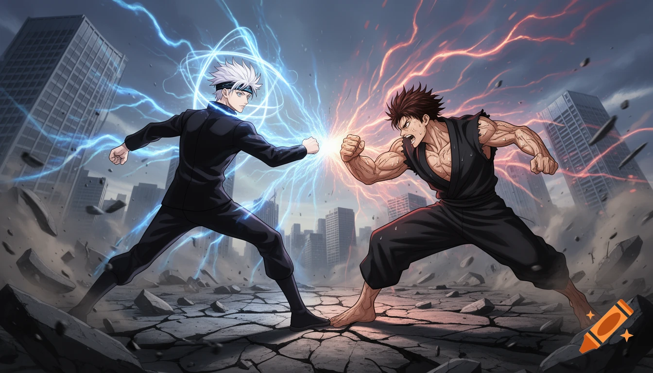 Anime style depiction of two powerful characters, Gojo and Todo, clashing fists with blue and red energy in a destroyed city.