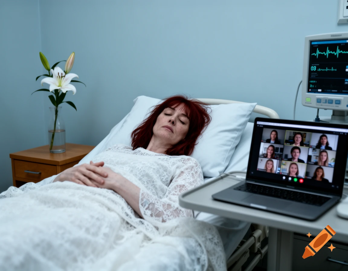 A red-haired woman lies in a hospital bed, hands clasped, next to a laptop showing a video call and a medical monitor.
