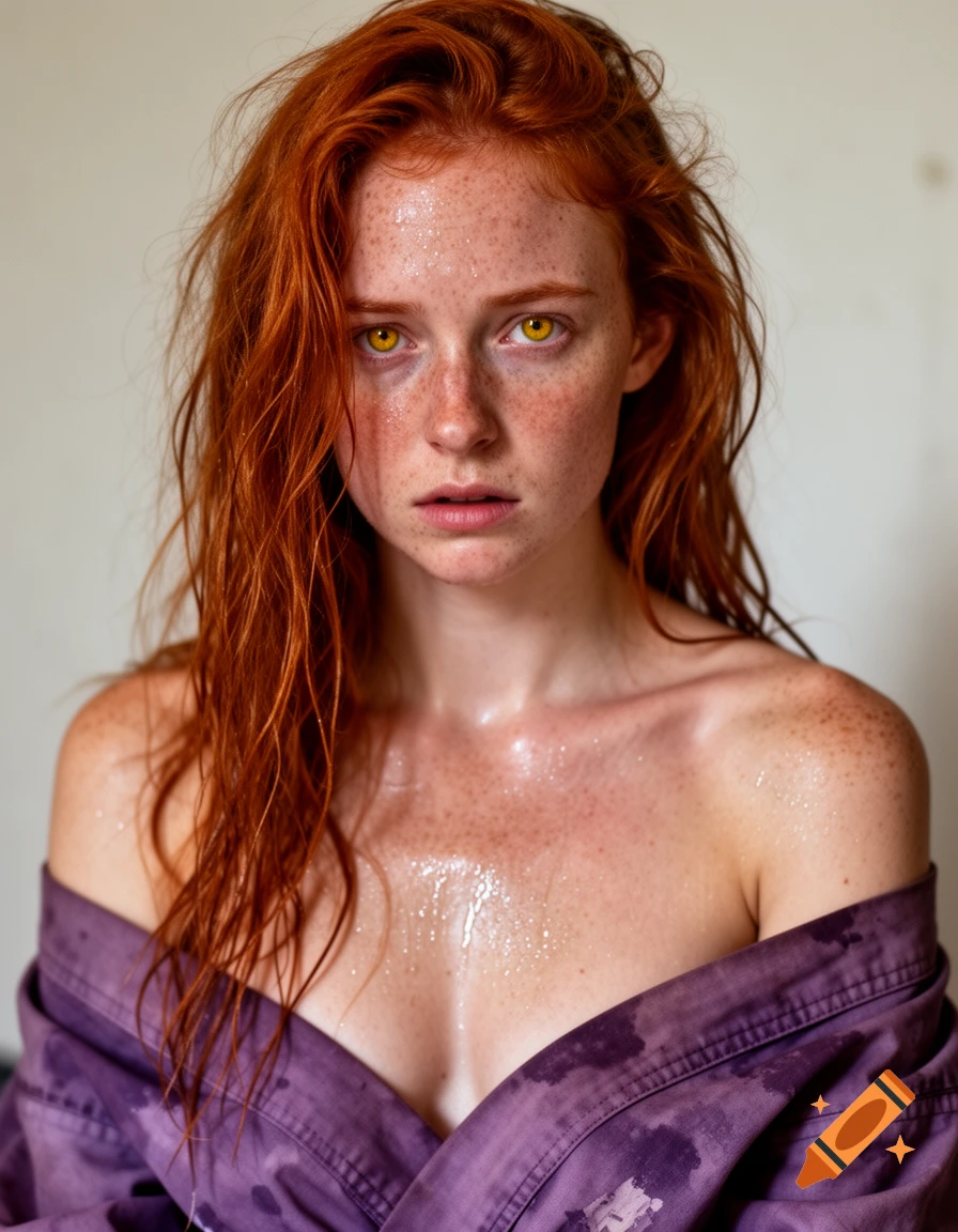 Photorealistic portrait of a red-haired woman with yellow eyes, freckles, and sweaty skin, wearing a purple off-shoulder top.