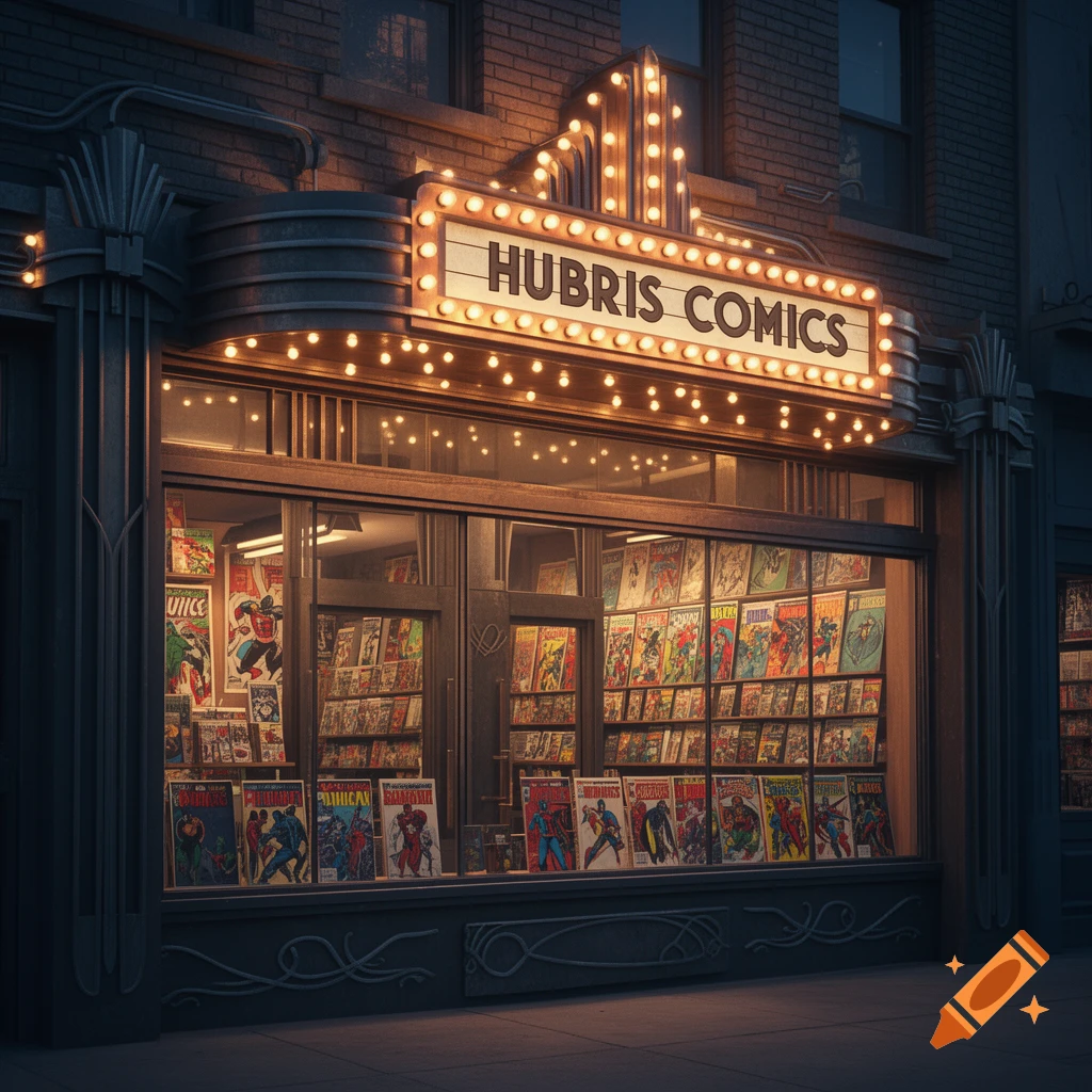A storefront of a comic book store named 'Hubris Comics' at night, with many colorful comic books displayed in the window.