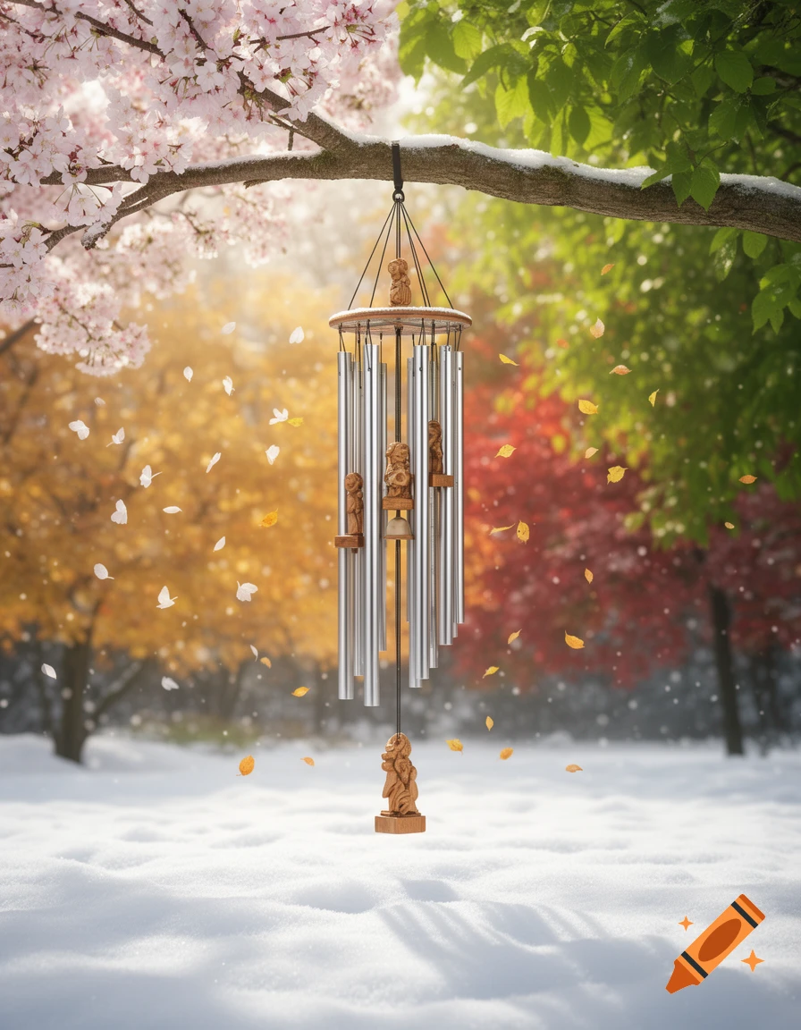 A photorealistic windchime hangs from a snow-dusted tree branch, surrounded by cherry blossoms, green and autumn leaves, and a snowy ground, blending all four seasons.