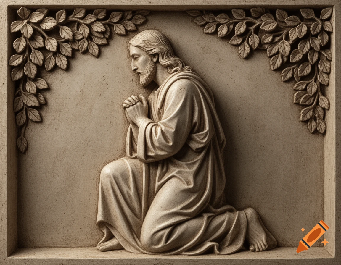 Relief carving of Jesus kneeling in prayer, with decorative leafy branches in the upper corners.