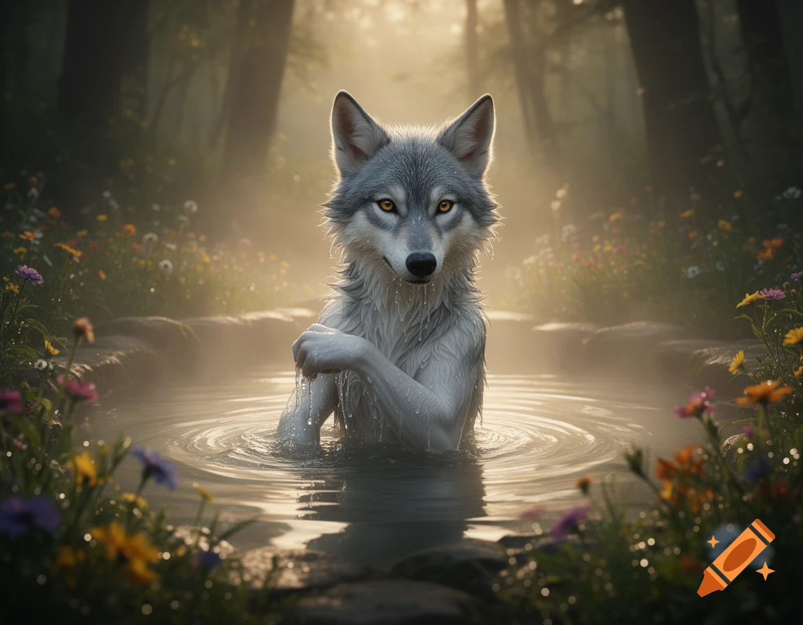An anthropomorphic grey wolf with human-like arms stands in a misty forest pond surrounded by wildflowers.