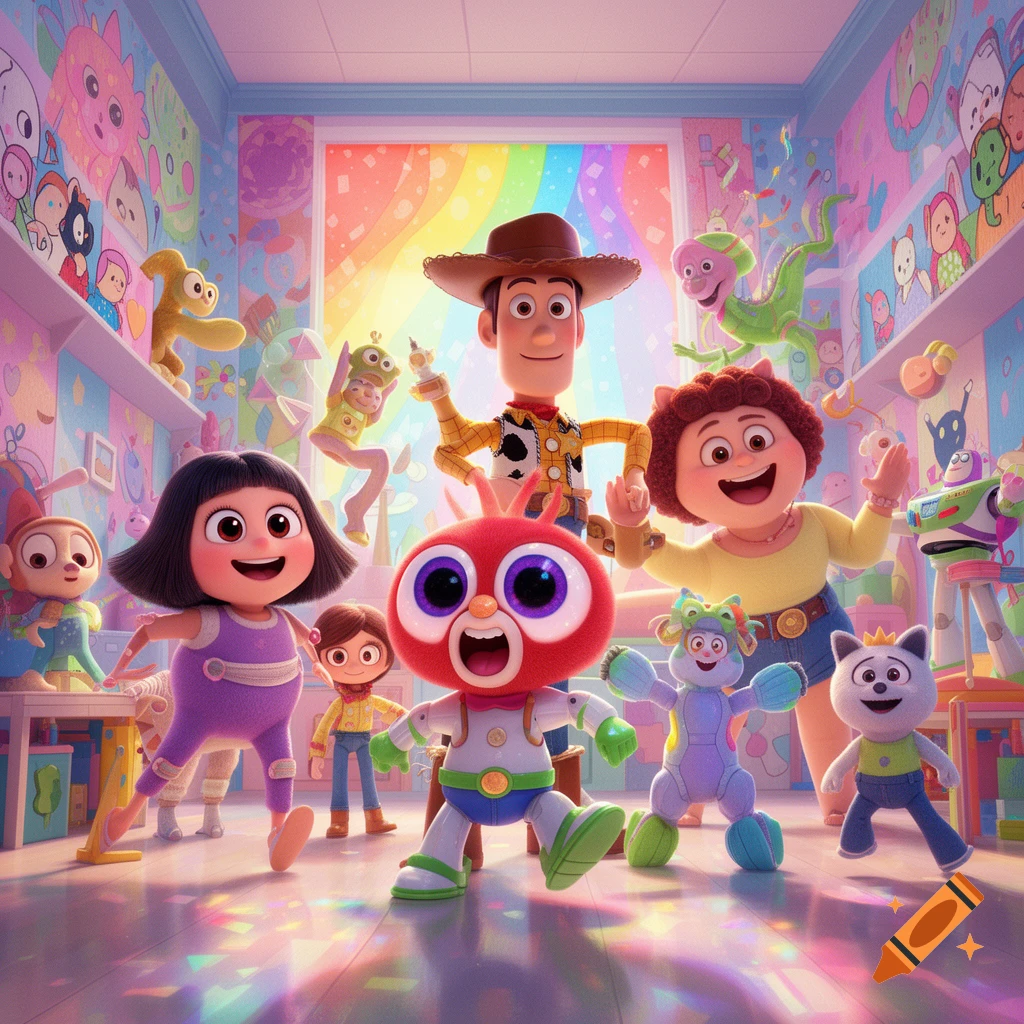 Woody from Toy Story and other cheerful animated characters in a Turning Red art style pose in a vibrant, rainbow-themed playroom.