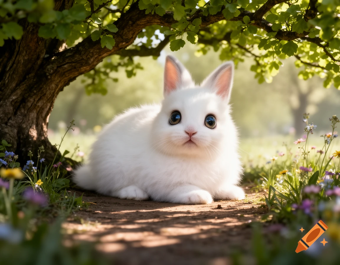 Photorealistic image of a fluffy white bunny with large eyes sitting on a dirt path under a tree in a sunny meadow with wildflowers.