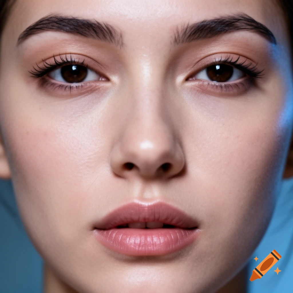 Photorealistic close-up portrait of a woman's face with dark eyes and natural makeup.