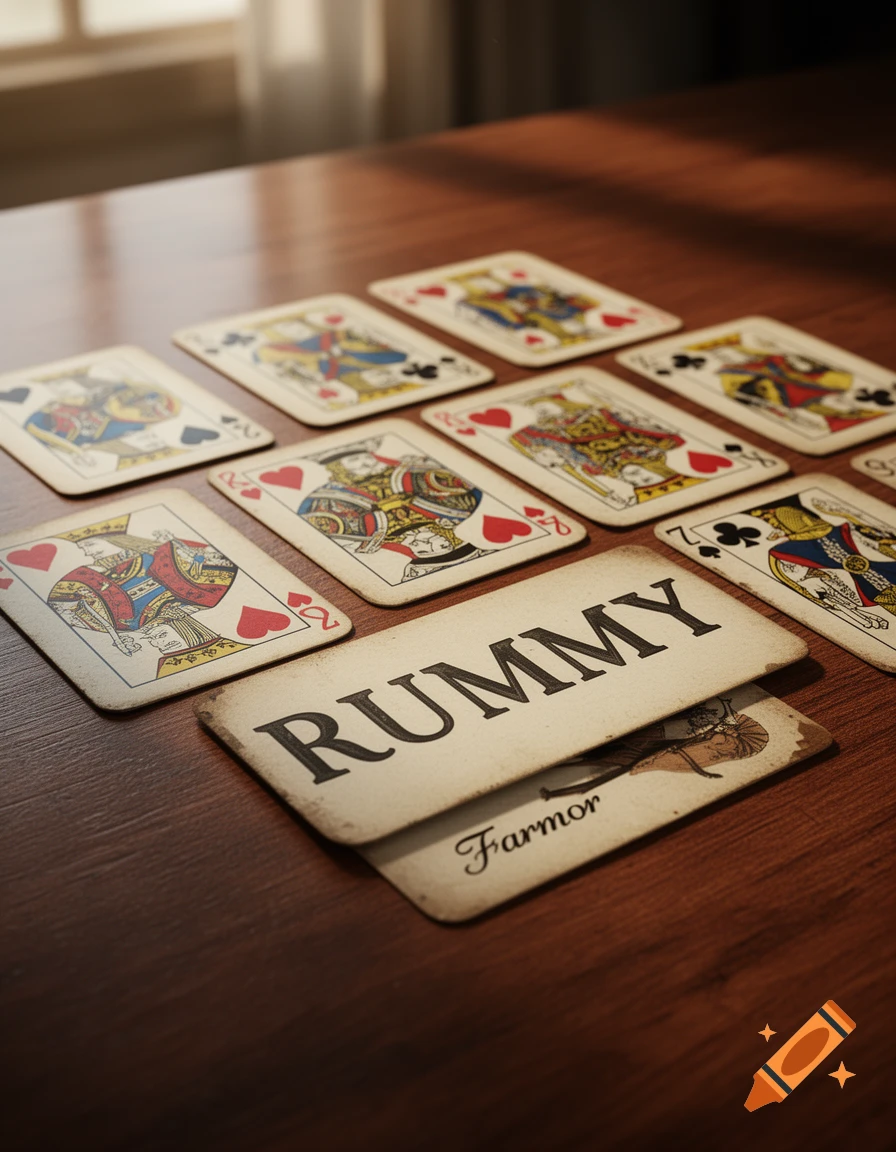 A close-up, photorealistic image of vintage playing cards laid out on a wooden table, with one card displaying "RUMMY" and another "Farmor".