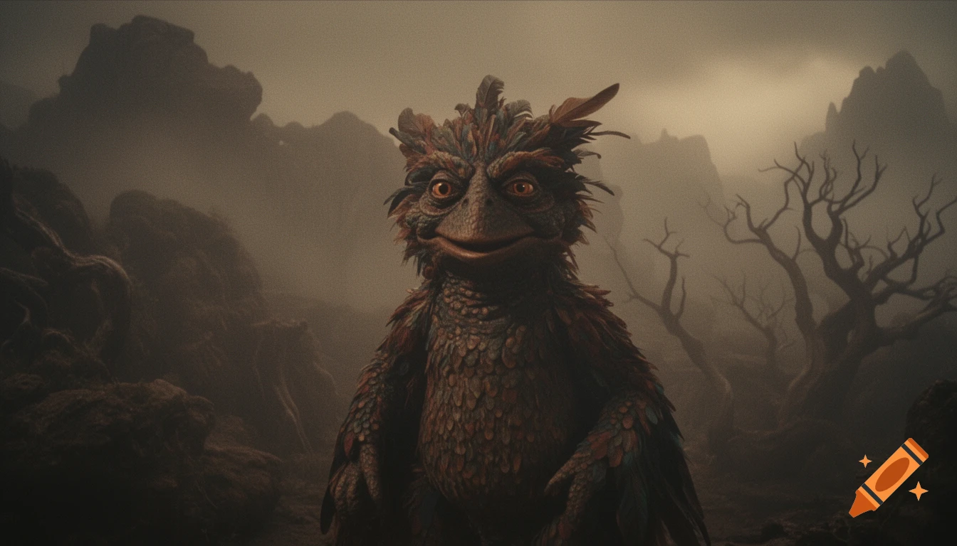 A Jim Henson-style bird-like creature with large orange eyes smiles in a foggy, desolate dark fantasy landscape with bare trees.