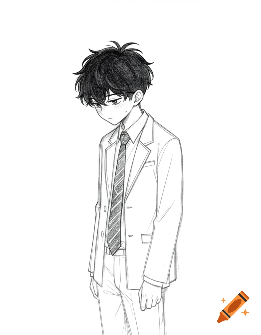 A shy, black-haired boy in a school uniform, drawn in a webtoon-style pencil sketch against a white background.