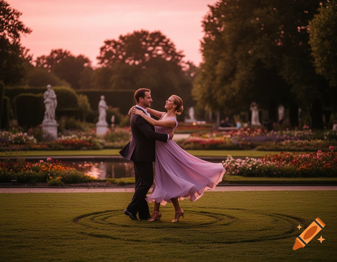 A couple dances elegantly in a park at sunset, with a soft pink sky and lush flowerbeds.