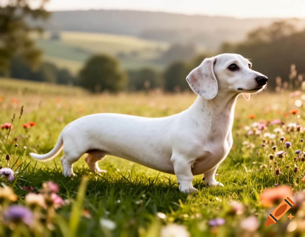 A white dachshund standing in a sunny field filled with wildflowers.