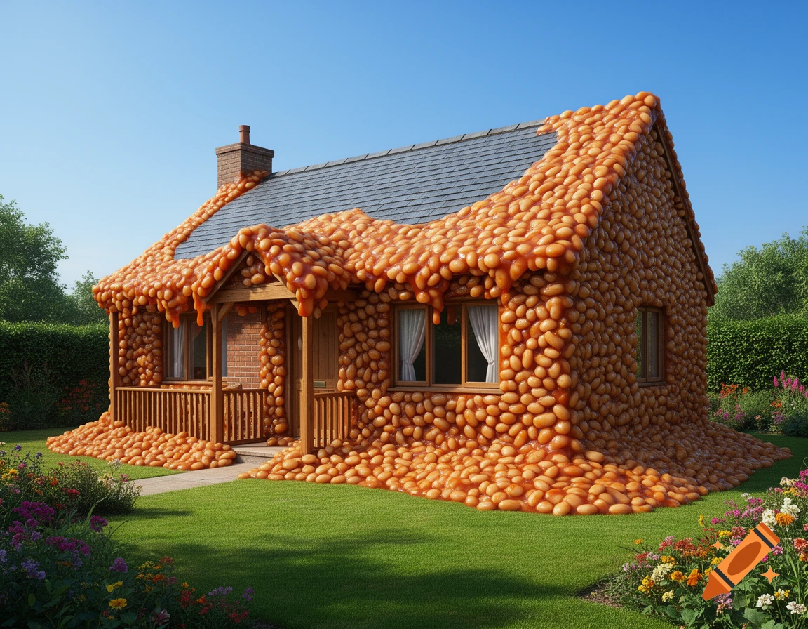 A photorealistic house completely covered in baked beans and sauce, situated on a green lawn with a garden under a clear sky.