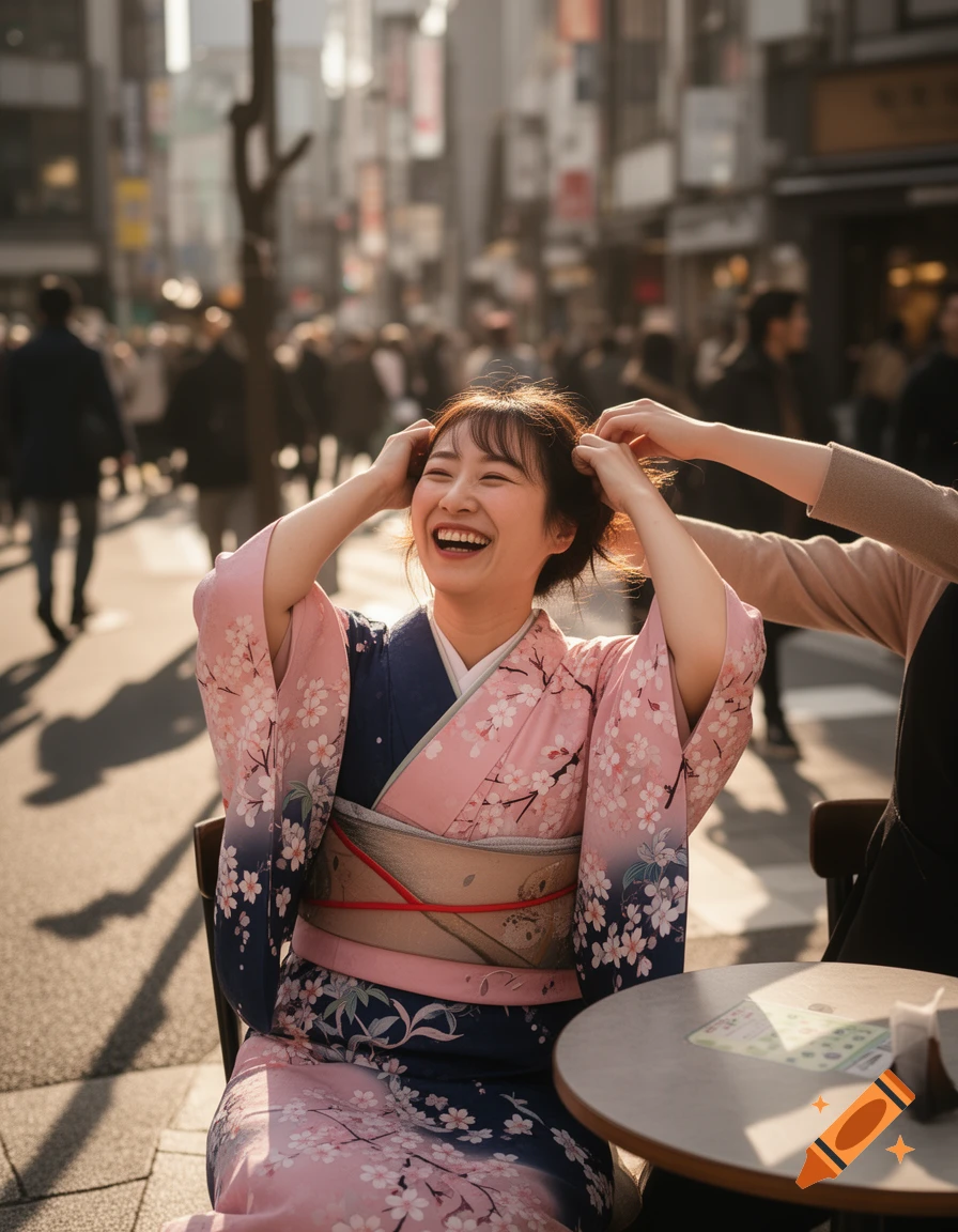 A Japanese woman in a pink and blue kimono laughs joyfully while someone adjusts her hair at an outdoor cafe on a sunny city street.