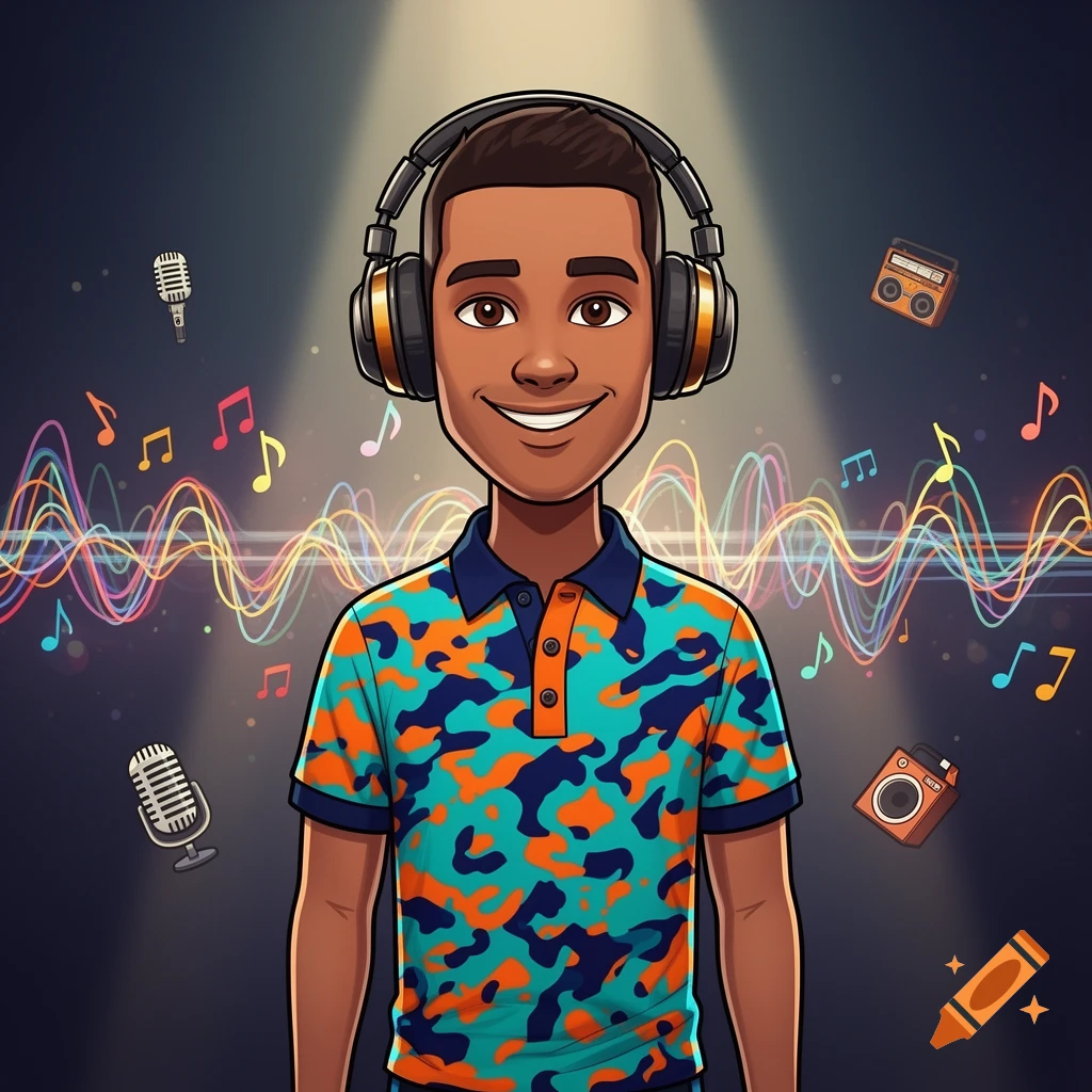 Cartoon man wearing headphones and a colorful polo shirt, smiling amidst musical notes, sound waves, and audio equipment.