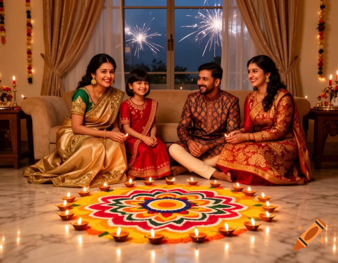 Indian family in traditional attire celebrating Diwali, sitting around a vibrant rangoli with diyas, sparklers outside.