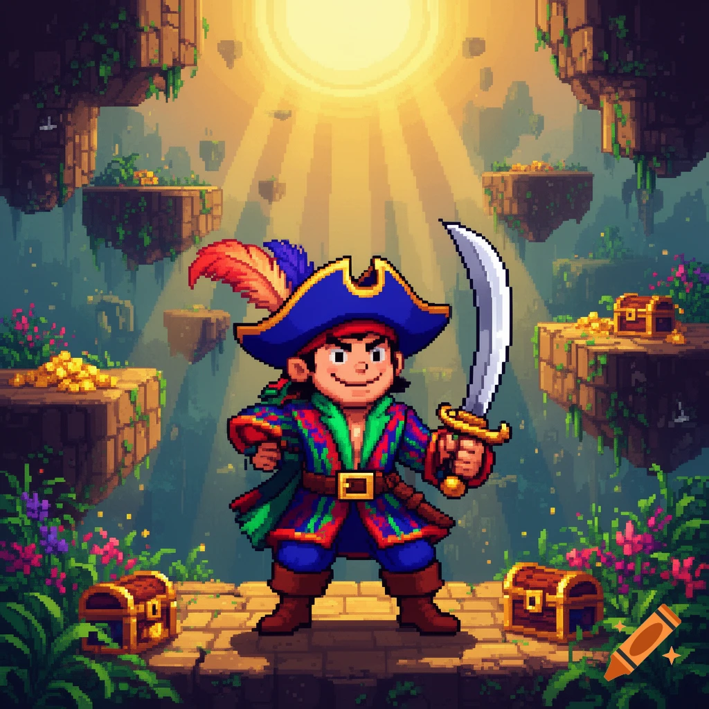 A pixel art image of a smiling pirate with a sword in a magical world with floating islands and treasure chests under a bright sun.