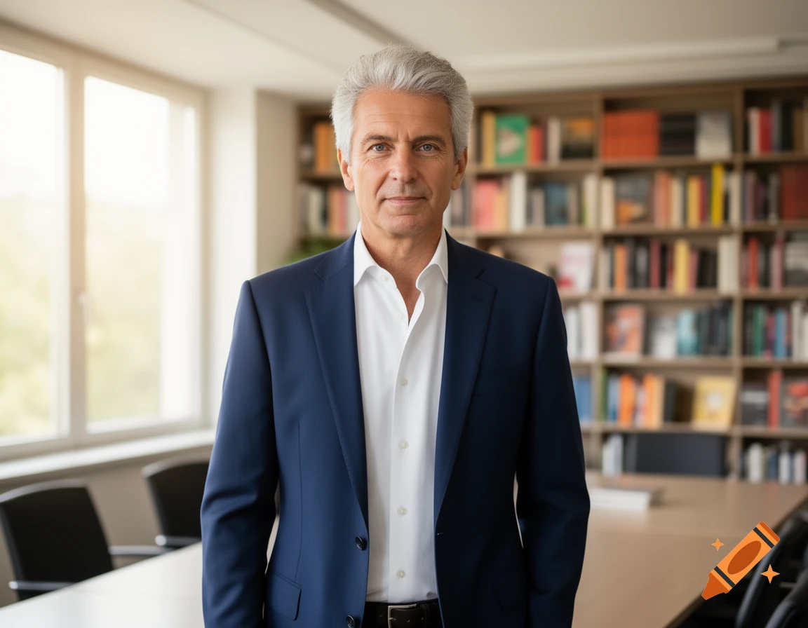 Photorealistic portrait of a middle-aged man with gray hair in a blue suit, standing in an office with bookshelves.