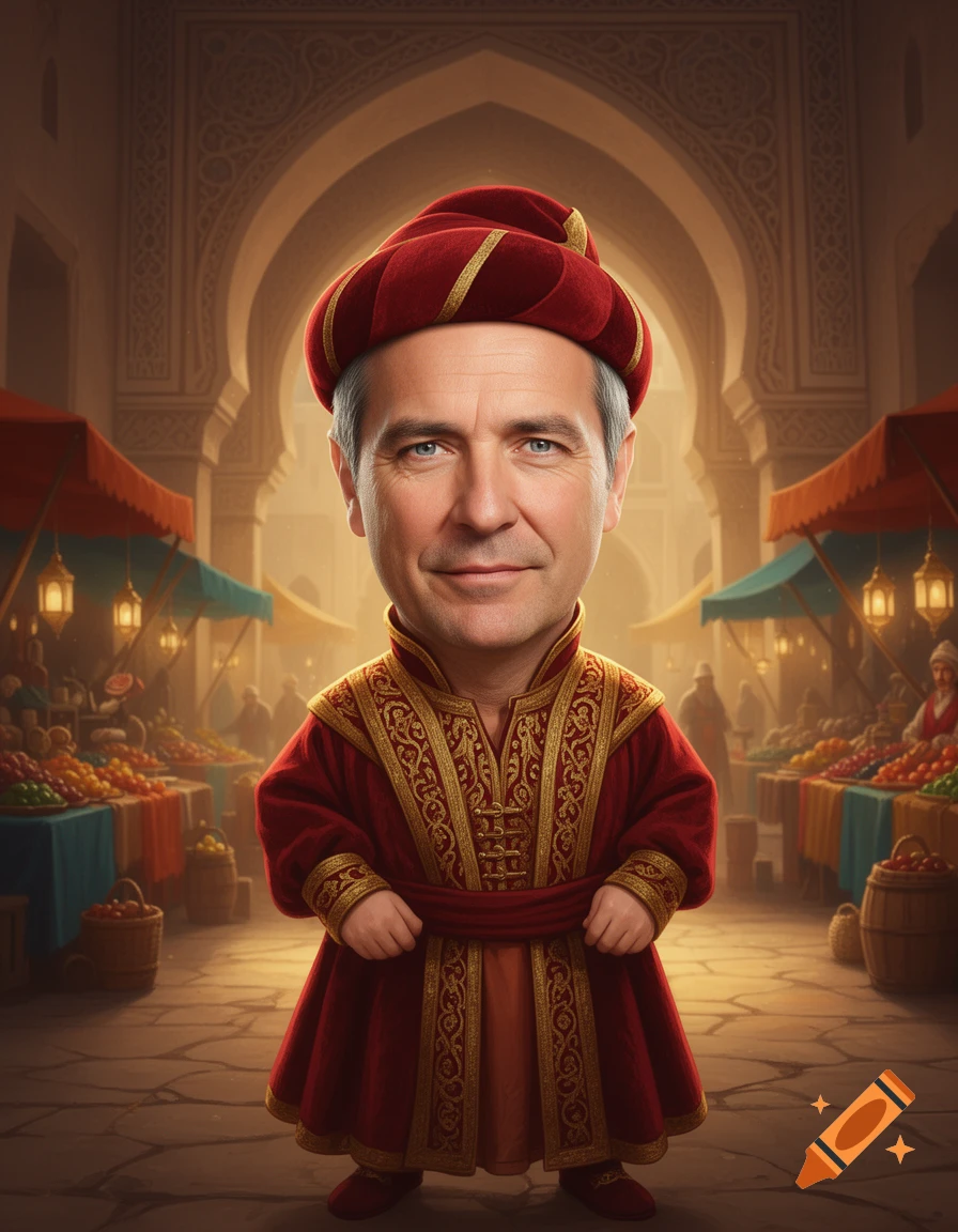Caricature of Friedrich Merz as a small man in a red turban and elaborate red and gold robe, standing in a bustling market.