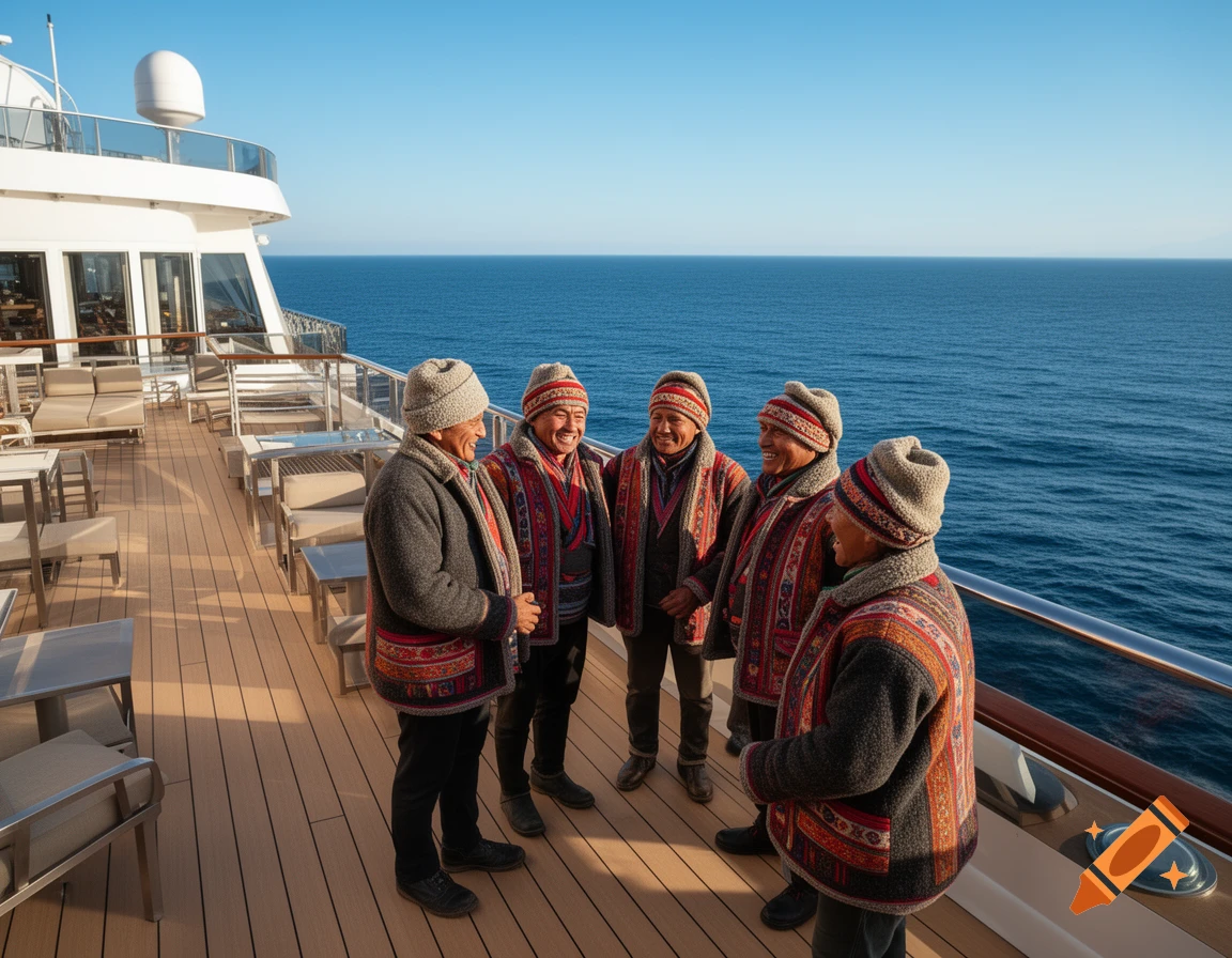 Five men in traditional ethnic clothing and knitted hats stand on the deck of a cruise ship, smiling at each other with the open ocean in the background.
