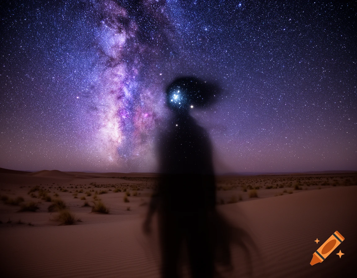 A dark, blurry shadow figure with a head made of bright stars stands in a vast desert under a vibrant Milky Way night sky.