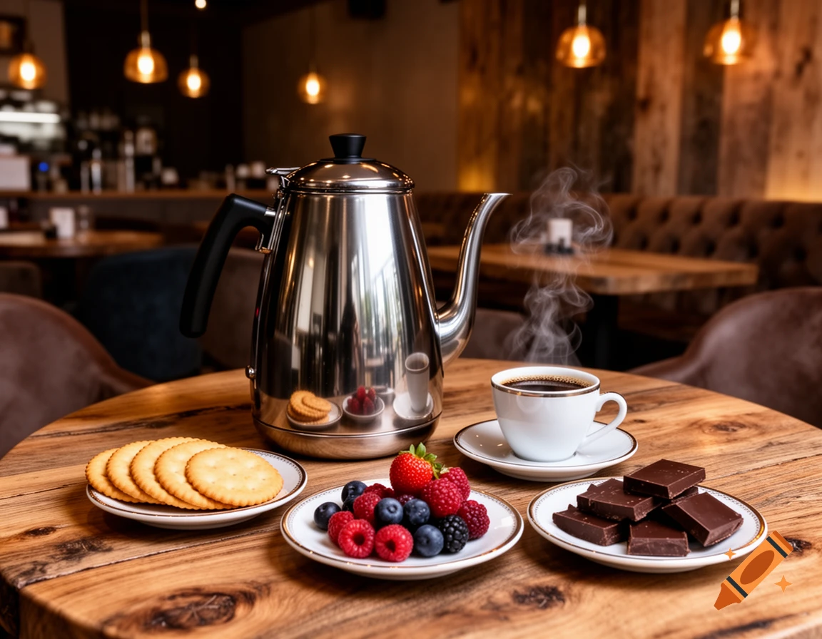 Photorealistic scene: large coffee pot, hot coffee, crackers, mixed berries, dark chocolate on an oak table in a dimly lit cafe.