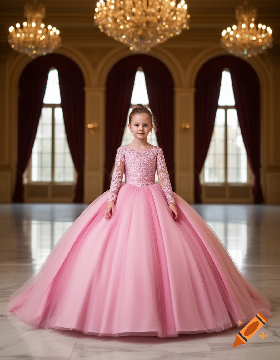 A young girl in a voluminous pink lace and tulle ball gown stands in a grand hall with chandeliers.