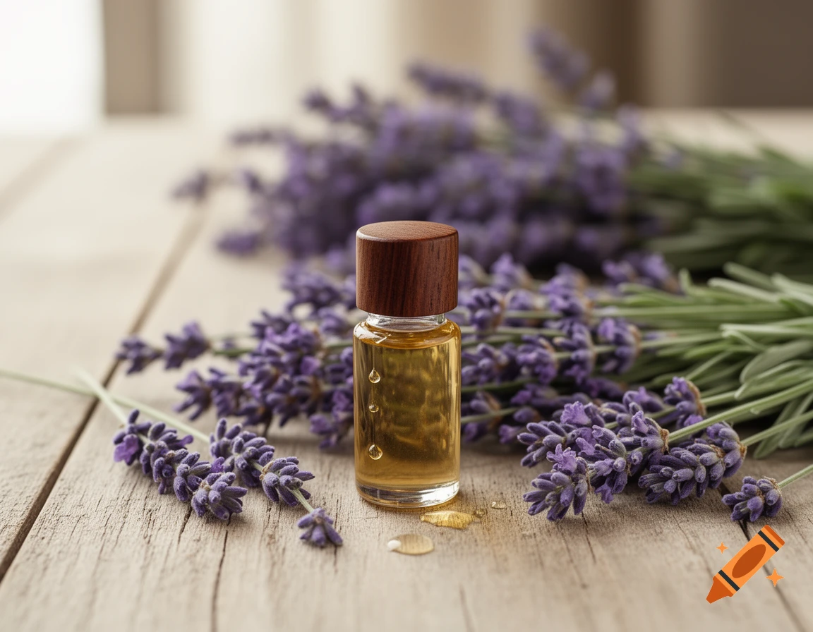 A small bottle of essential oil with a wooden cap sits among fresh lavender flowers on a light wooden surface.