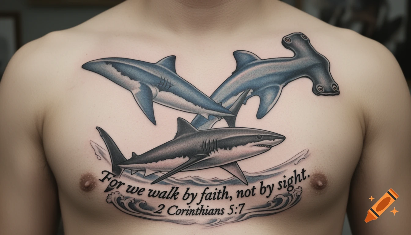 A detailed chest tattoo on a person featuring three sharks (a hammerhead, a great white, and another shark), with waves and the scripture "For we walk by faith, not by sight. 2 Corinthians 5:7" below.
