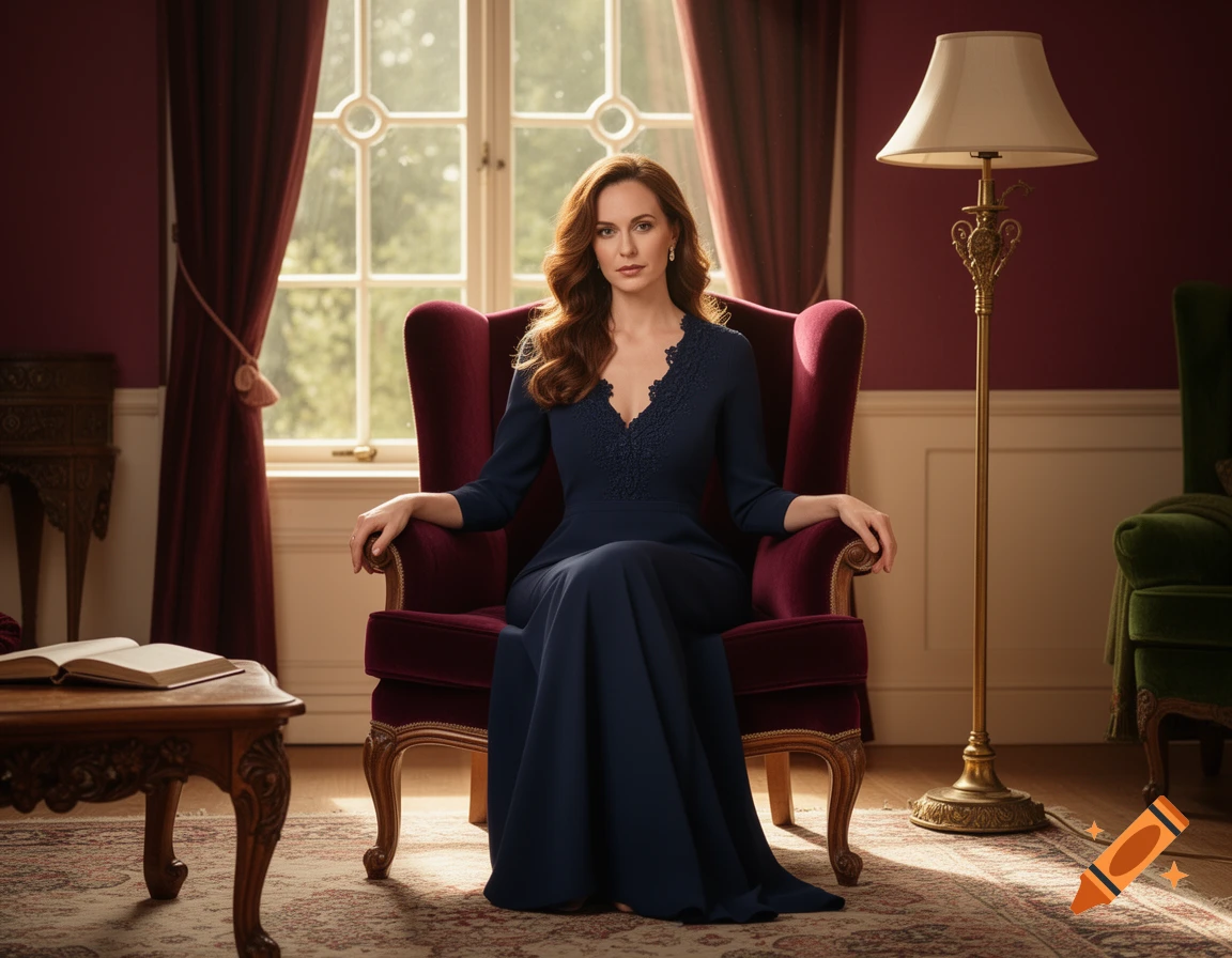 A woman with long brown hair, wearing a dark blue dress, sits in a red velvet armchair in an elegant room, looking at the viewer.