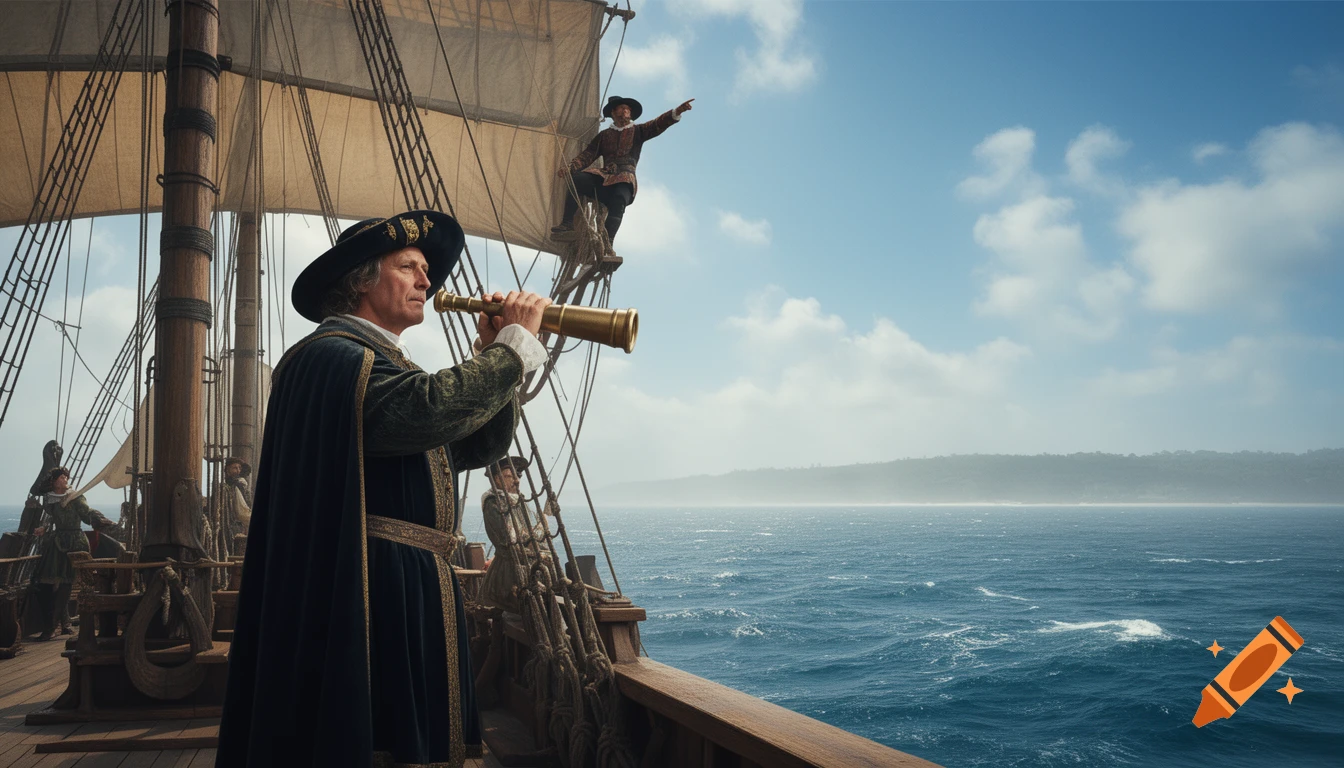 A photorealistic image of a 15th-century explorer on a ship, looking through a telescope as a lookout points to distant land.