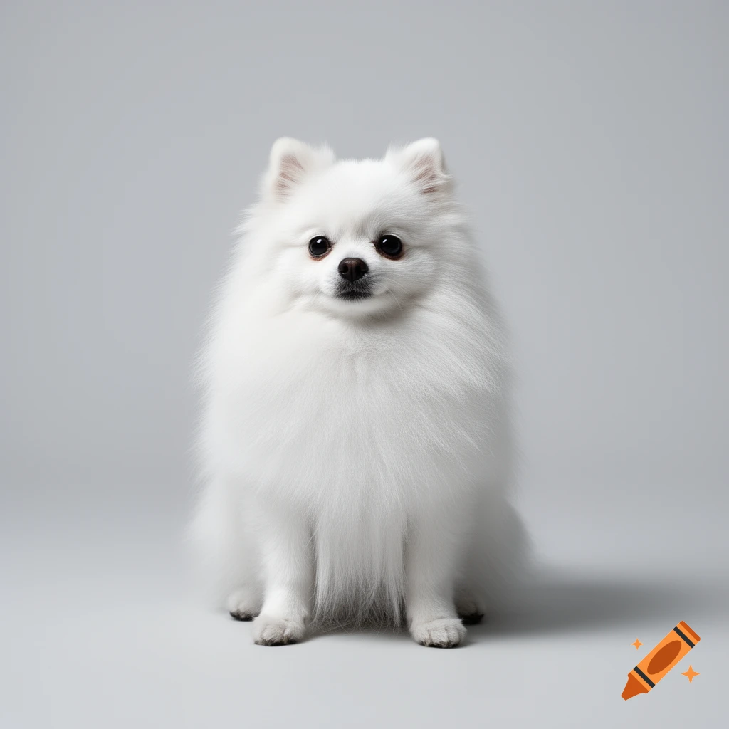 A fluffy pure white Pomeranian Spitz dog sits calmly, looking forward, on a light gray seamless background in a photorealistic studio image.