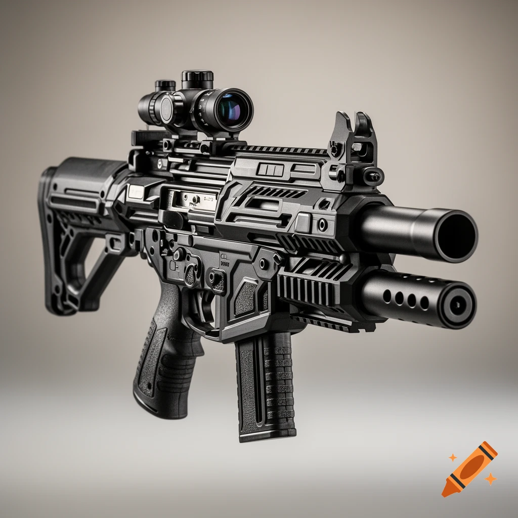 Photorealistic close-up of a complex black modern assault rifle with a scope against a grey background.