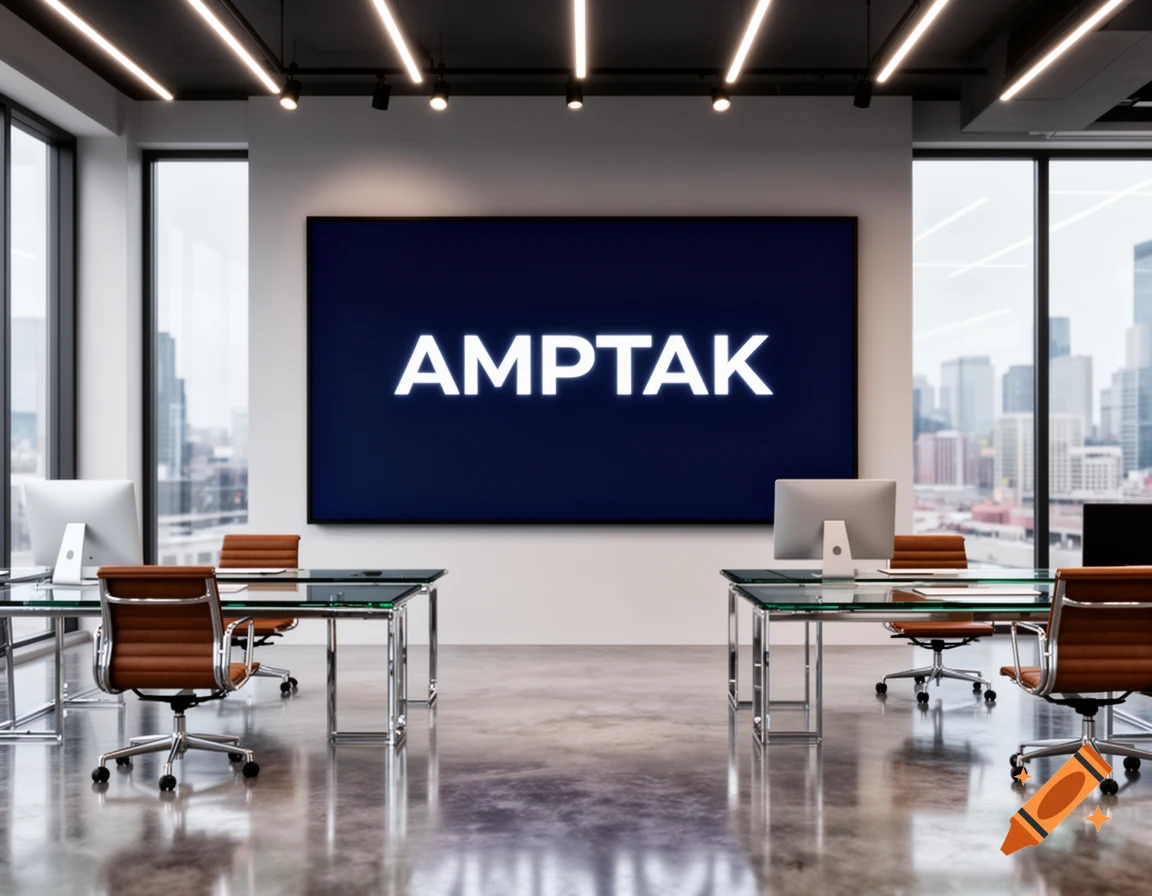 Modern office with glass desks, brown chairs, a screen showing 'AMPTAK', and a cityscape view through large windows, photorealistic.